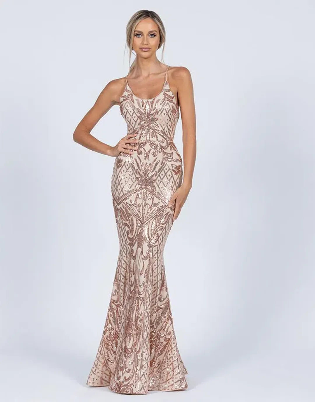 Bariano Serpentine Scoop Gown Gold Sequin Size 10 for rent on The Volte - main image