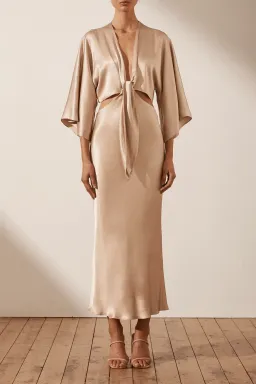 Shona Joy La Lune Tie Front Bias Midi Dress Gold Size 8 for rent on The Volte - image 2