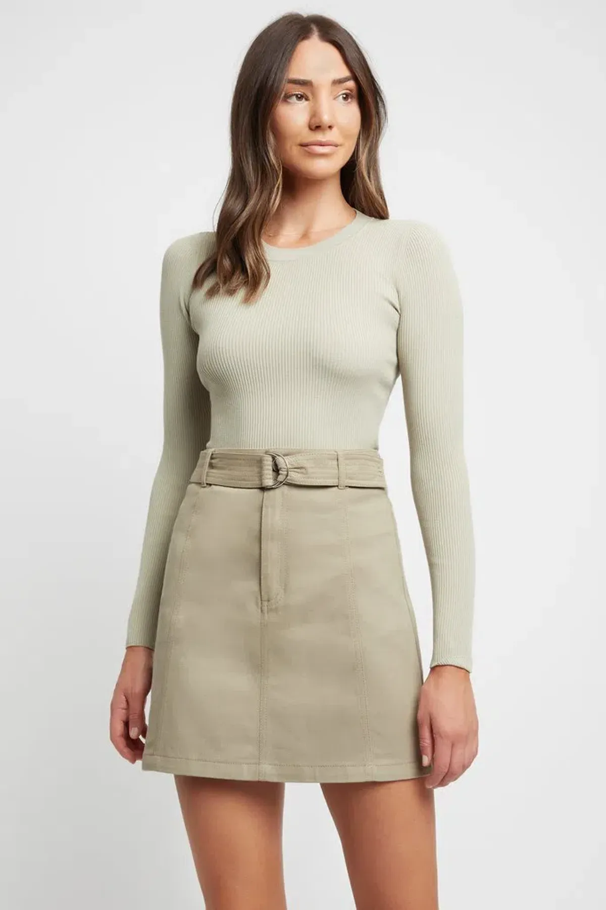 Kookai Dublin Belted D-Ring Skirt in Moss Gray Green Size 10 - Image 1