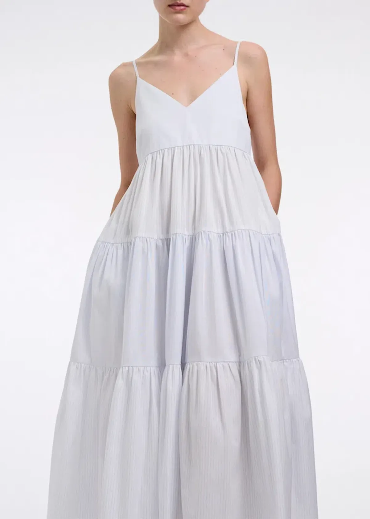 CO Collections V-Neck Tiered Dress in Cotton Blue Stripe Size S / AU 6 - Image 2
