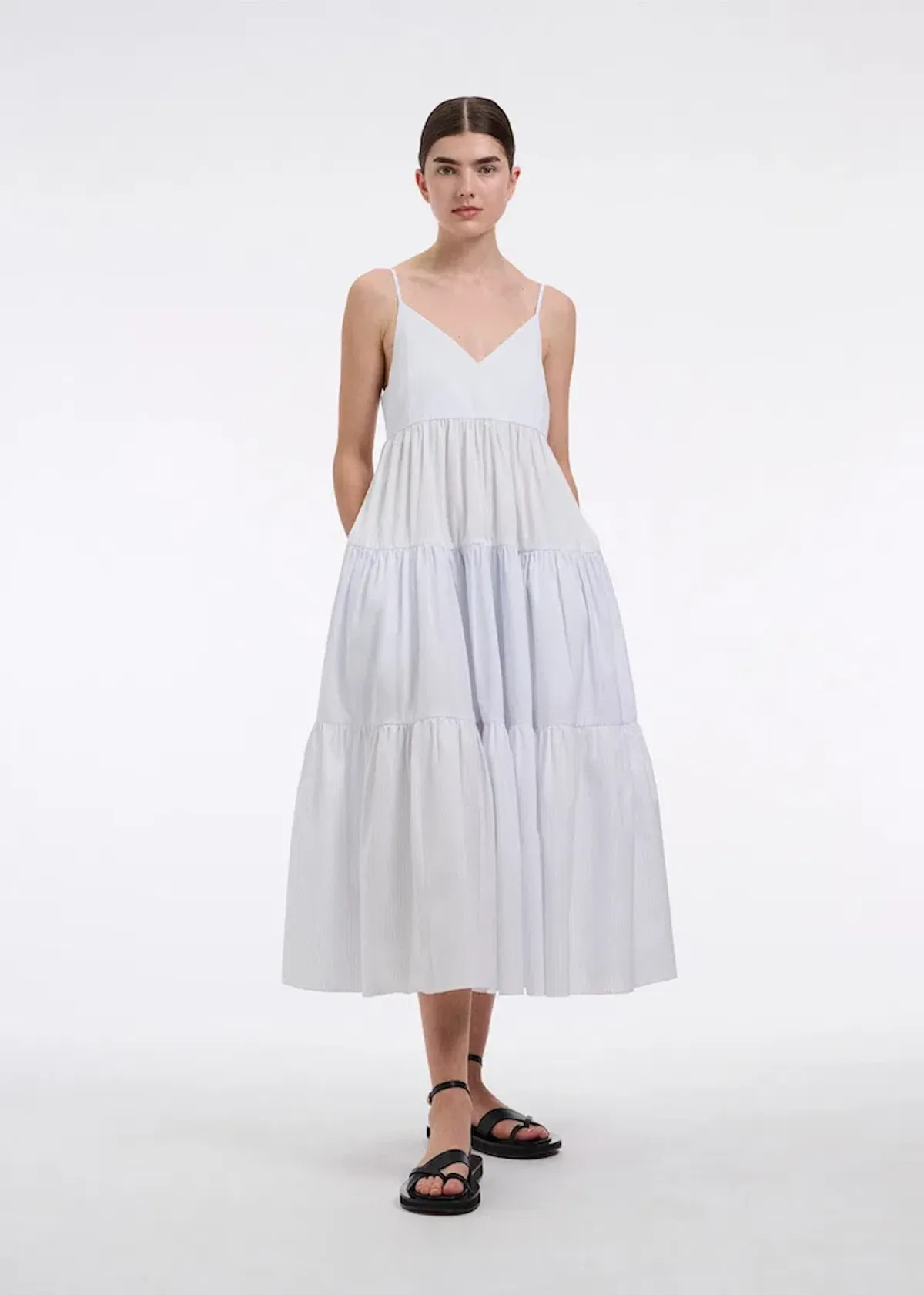 CO Collections V-Neck Tiered Dress in Cotton Blue Stripe Size S / AU 6 - Image 1