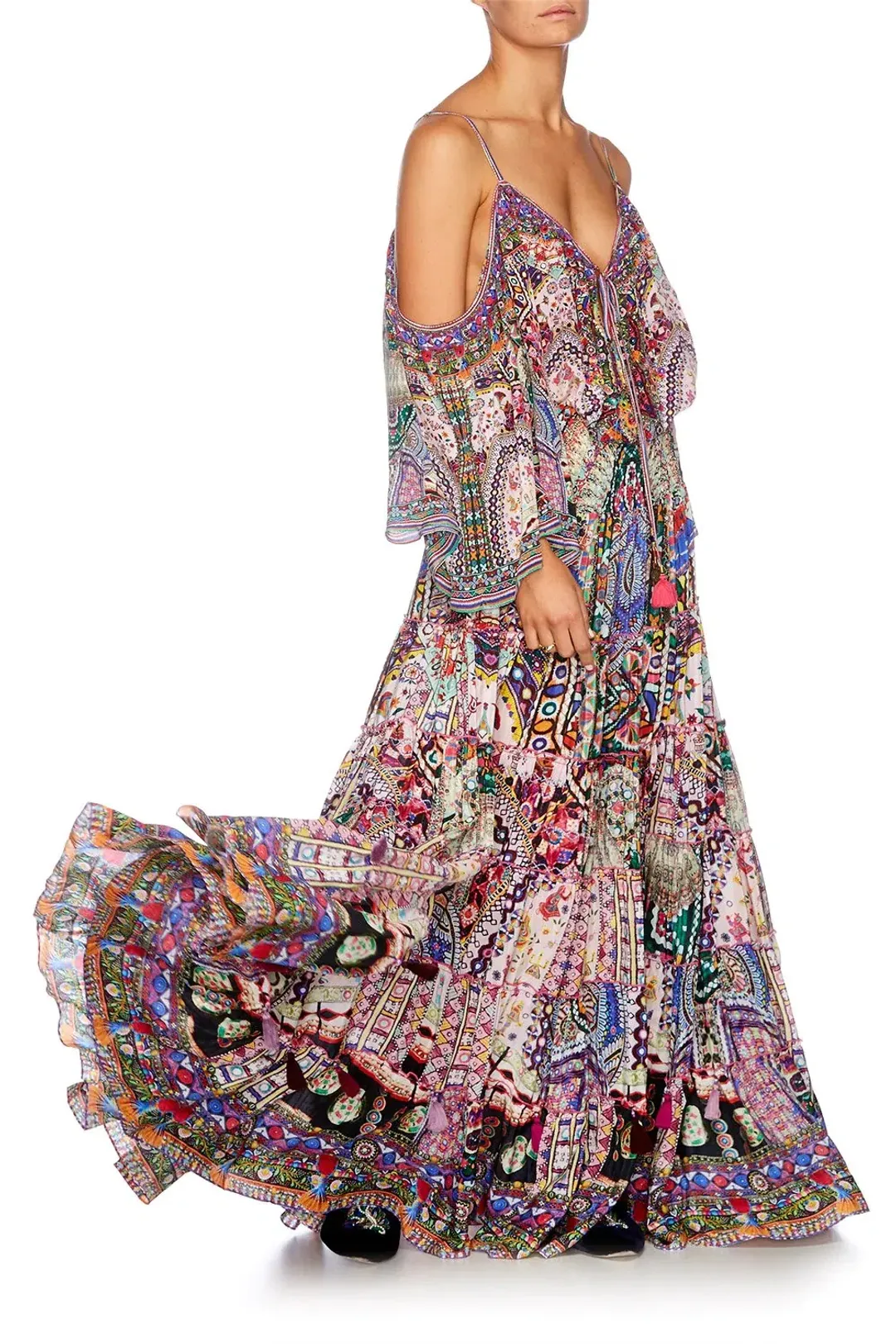 Camilla Long Sleeve Drop Shoulder Top Size XS & Tiered Hem Maxi Skirt Size L Set in Kalbelia Queen Pink Print for rent on The Volte - main image