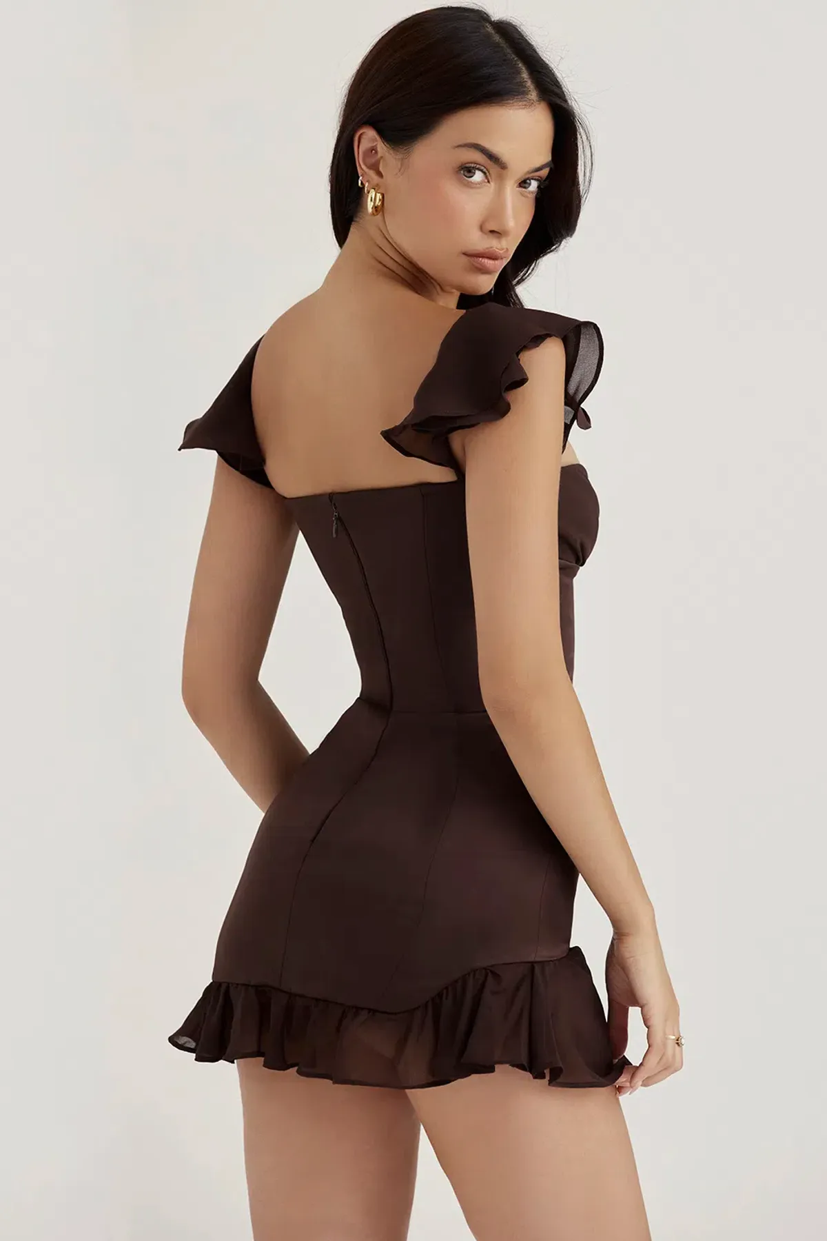 House of CB Dionne Espresso Ruffle Corset Mini Dress Brown Size XS / Au 8 - Image 3