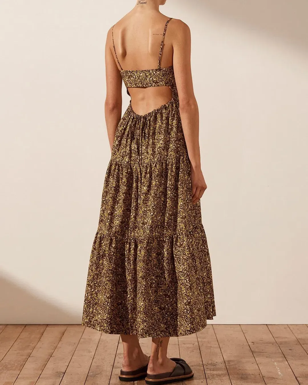 Shona Joy Lilou Lace Up Backless Midi Dress Mimosa Size 10 for rent on The Volte - main image
