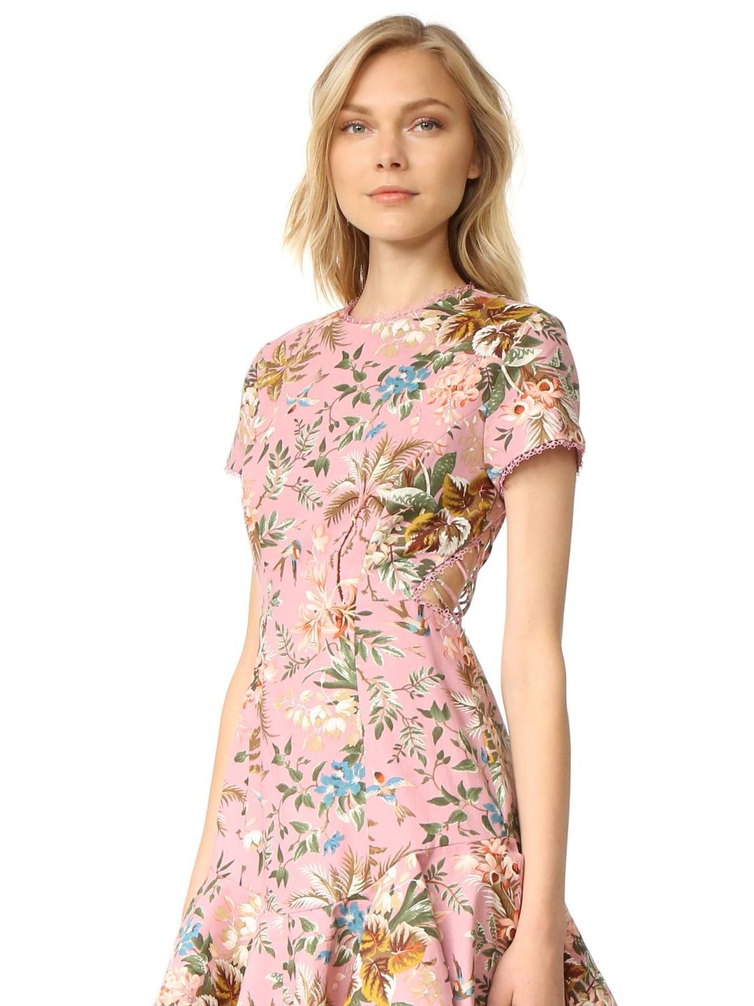 Zimmermann Tropicale Lattice Mini Dress Pink Floral Size 6 for rent on The Volte - main image