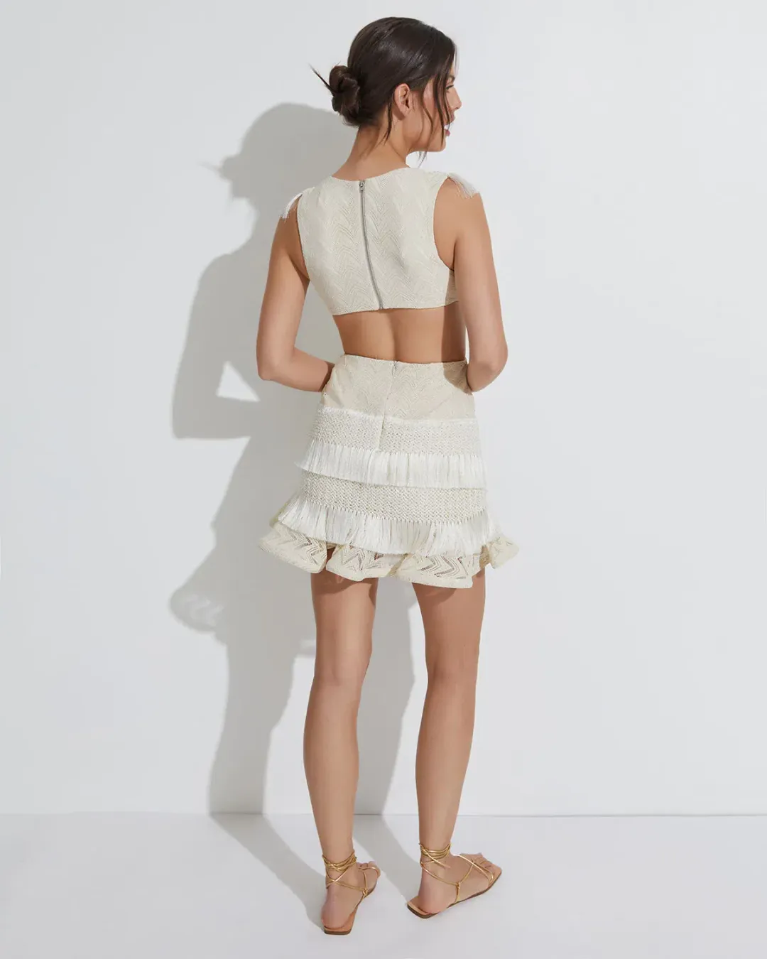 PATBO x Alessandra Plunge Fringe Trim Mini Dress Cream Size 4/ AU 8 for rent on The Volte - main image