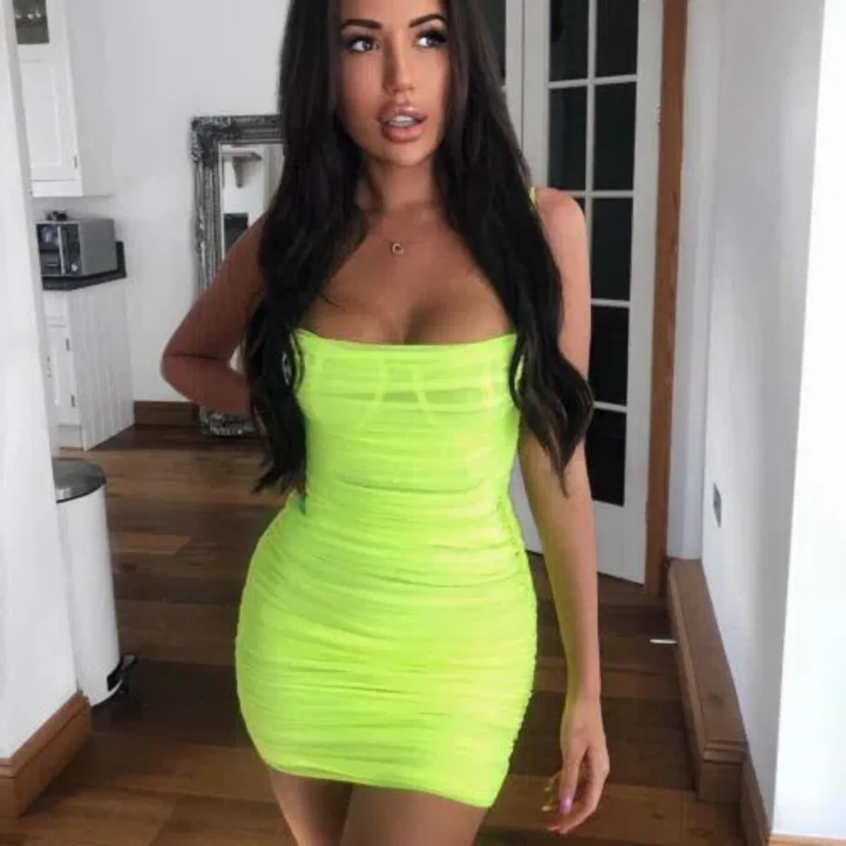 House of CB Ella Ruched Organza Mesh Mini Dress Neon Green Size XS / Au 6 - Image 5