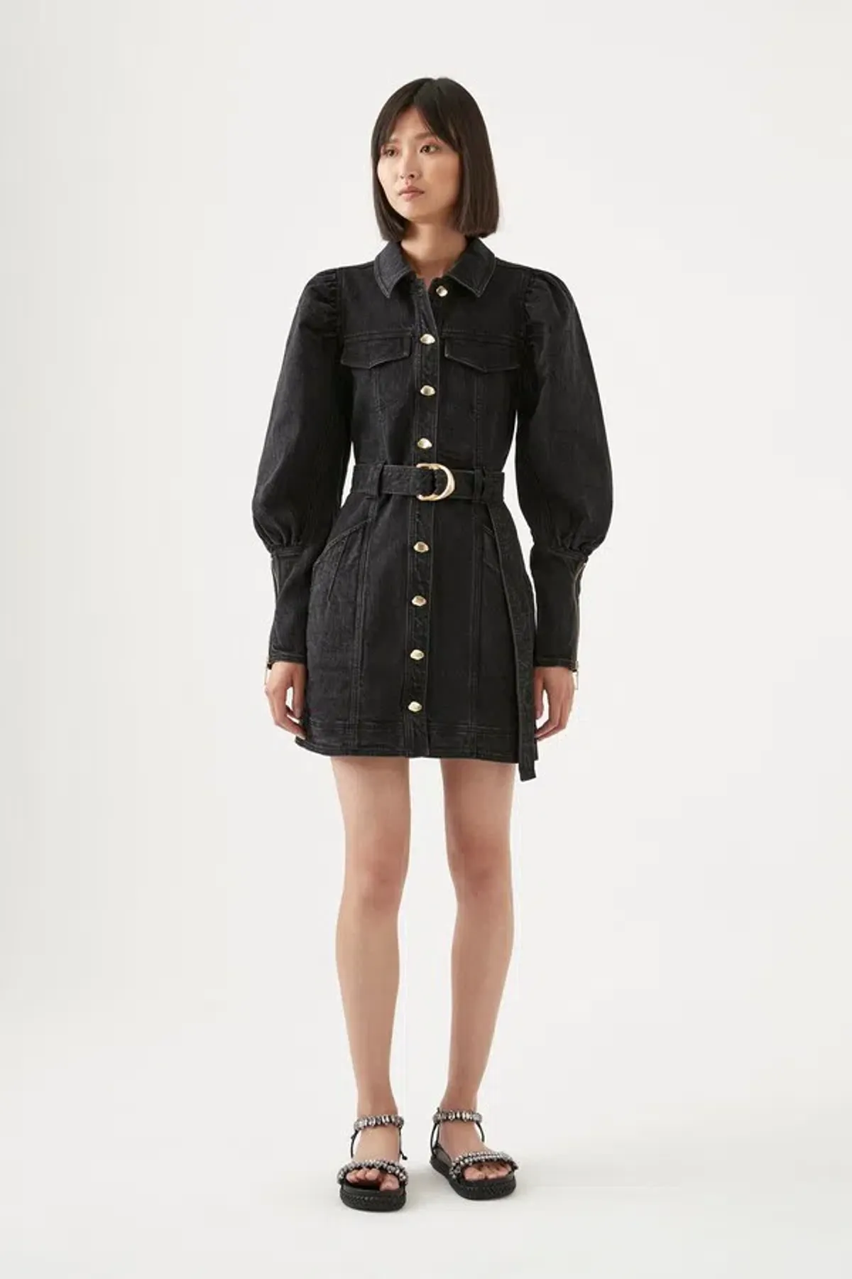 Aje Dione Denim Long Sleeve Mini Dress Black Size 8 - Image 1
