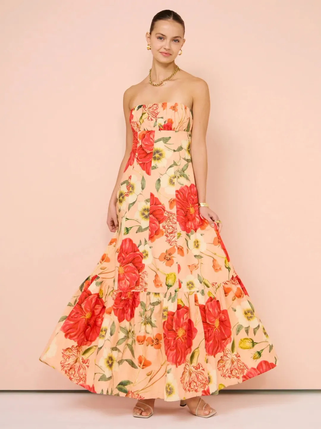 By Nicola Viva Strapless Maxi Dress In Raspberry Punch Floral - Size 8 for rent on The Volte - main image