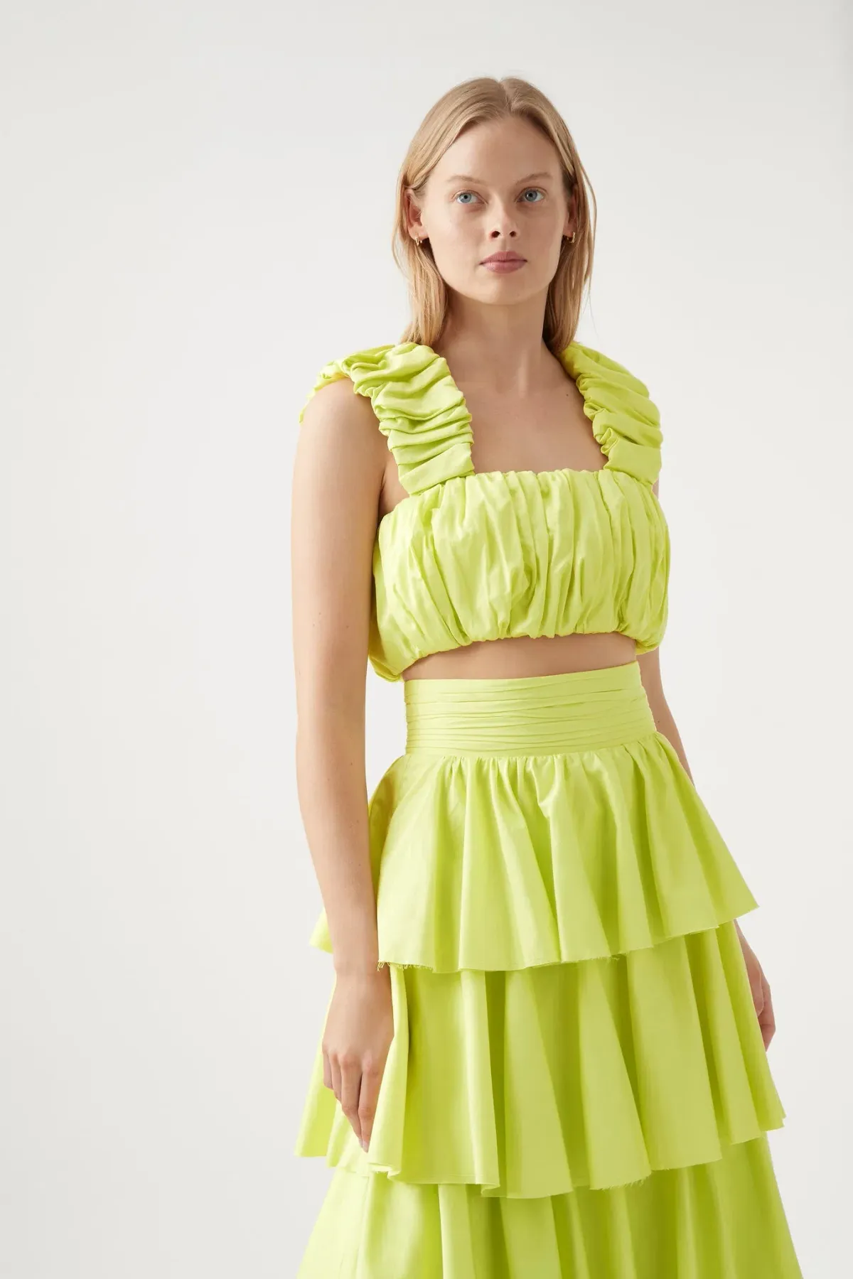 Aje Medina Ruched Cropped Top & Tiered Midi Skirt Set Yellow Size L / Au 12 - Image 2