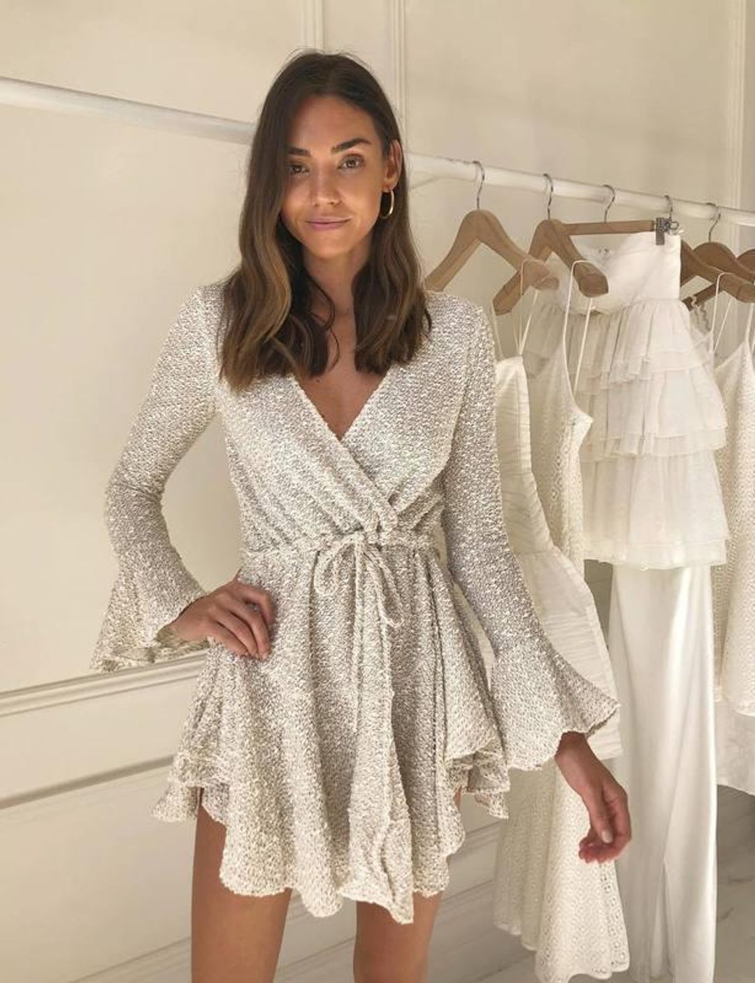 SHONA JOY AIMEE FRILL CUFF DRAWSTRING MINI DRESS White size 10 for rent on The Volte - main image