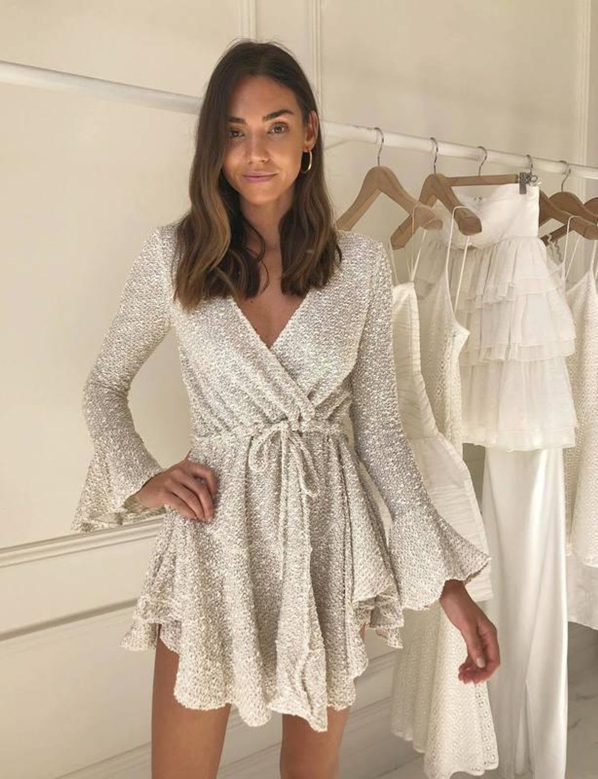 SHONA JOY AIMEE FRILL CUFF DRAWSTRING MINI DRESS White size 10 for rent on The Volte - main image
