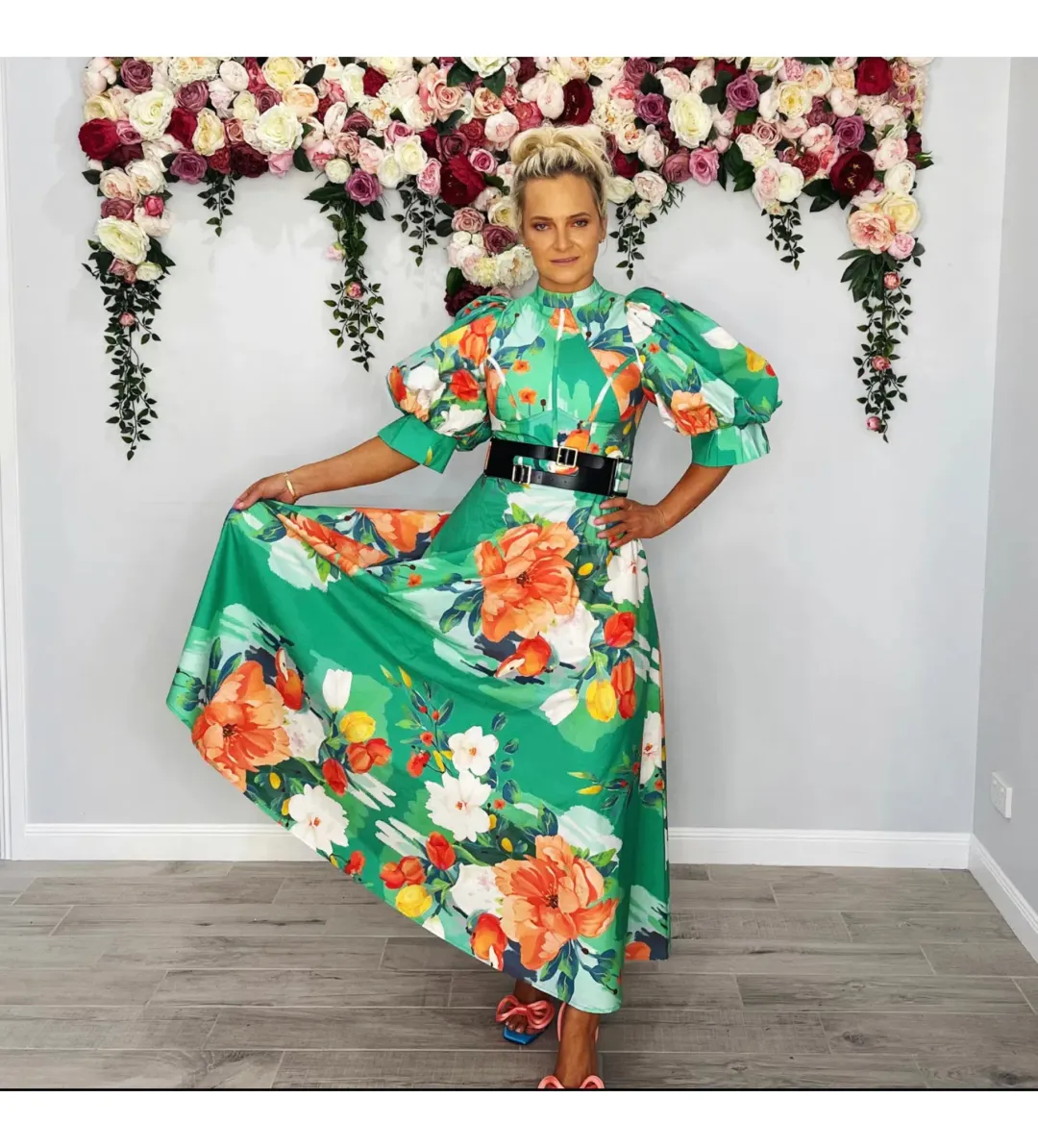 Leo Lin Florescence Midi Dress Green Floral Size 10 for rent on The Volte - main image