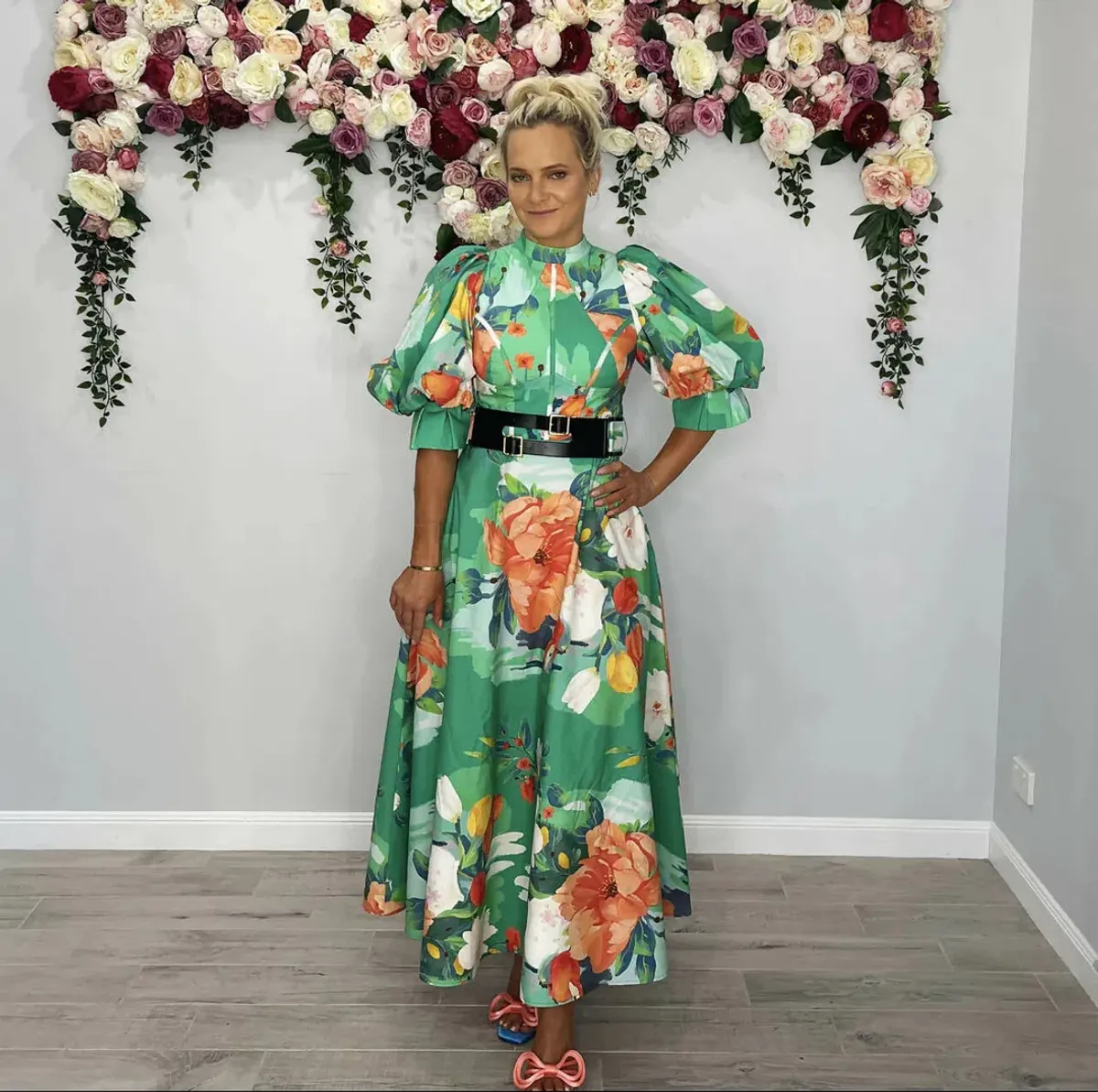 Leo Lin Florescence Midi Dress Green Floral Size AU 12 - Image 1