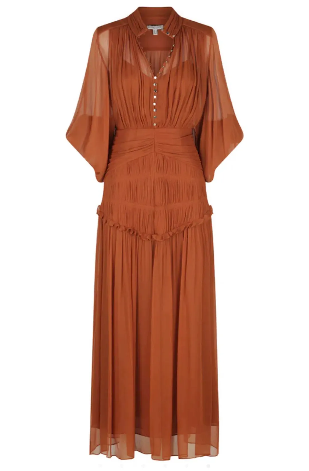 Shona Joy Noemi Button Up Ruched Midi Dress in Siena Brown Size 16 for rent on The Volte - main image