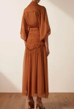 Shona Joy Noemi Button Up Ruched Midi Dress in Siena Brown Size 16 for rent on The Volte - image 3