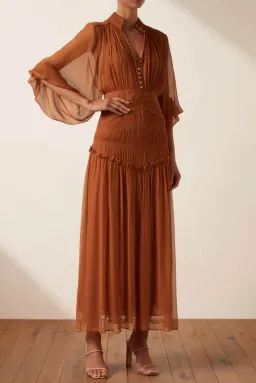 Shona Joy Noemi Button Up Ruched Midi Dress in Siena Brown Size 16 for rent on The Volte - image 2