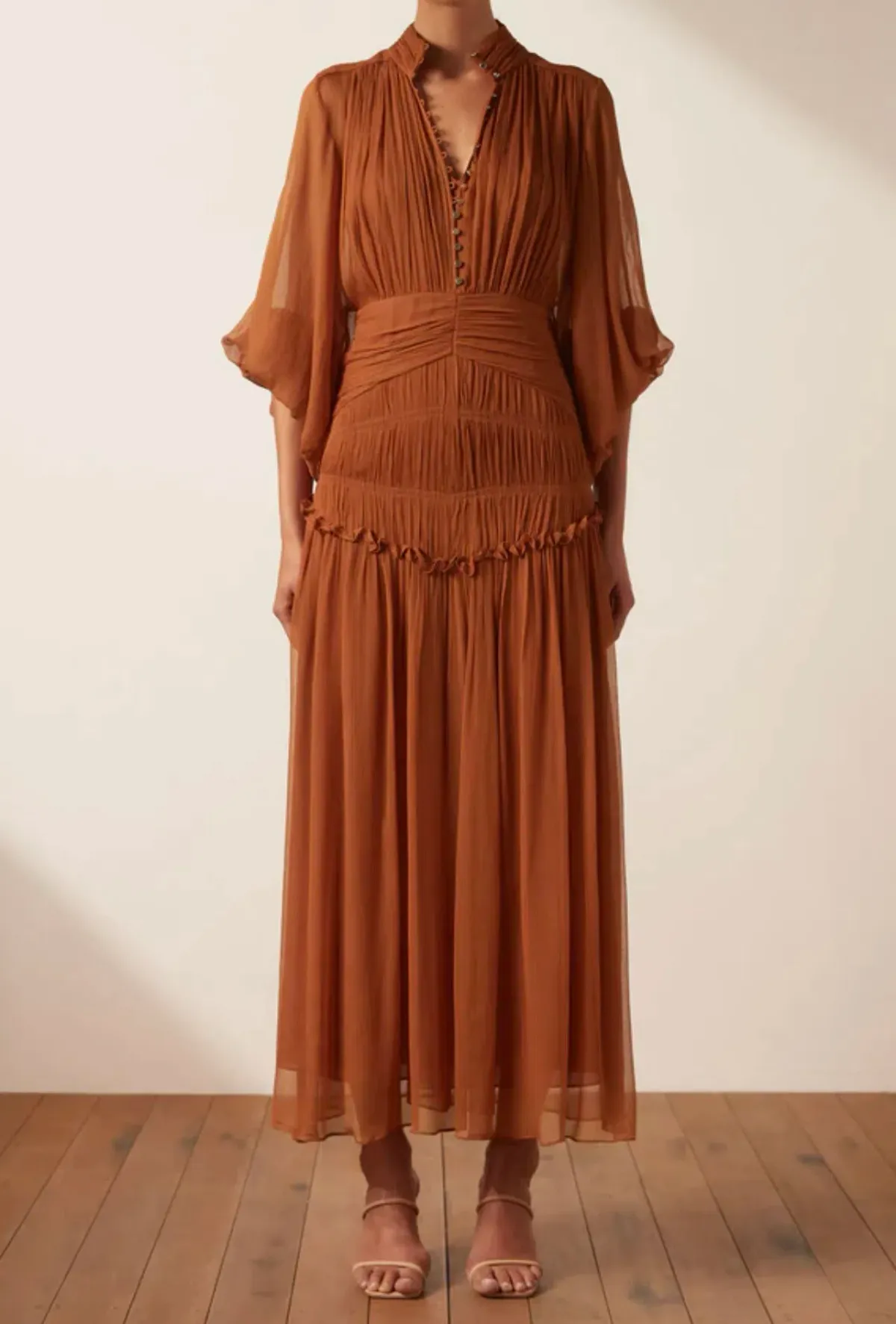 Shona Joy Noemi Button Up Ruched Midi Dress in Siena Brown Size 16 for rent on The Volte - main image