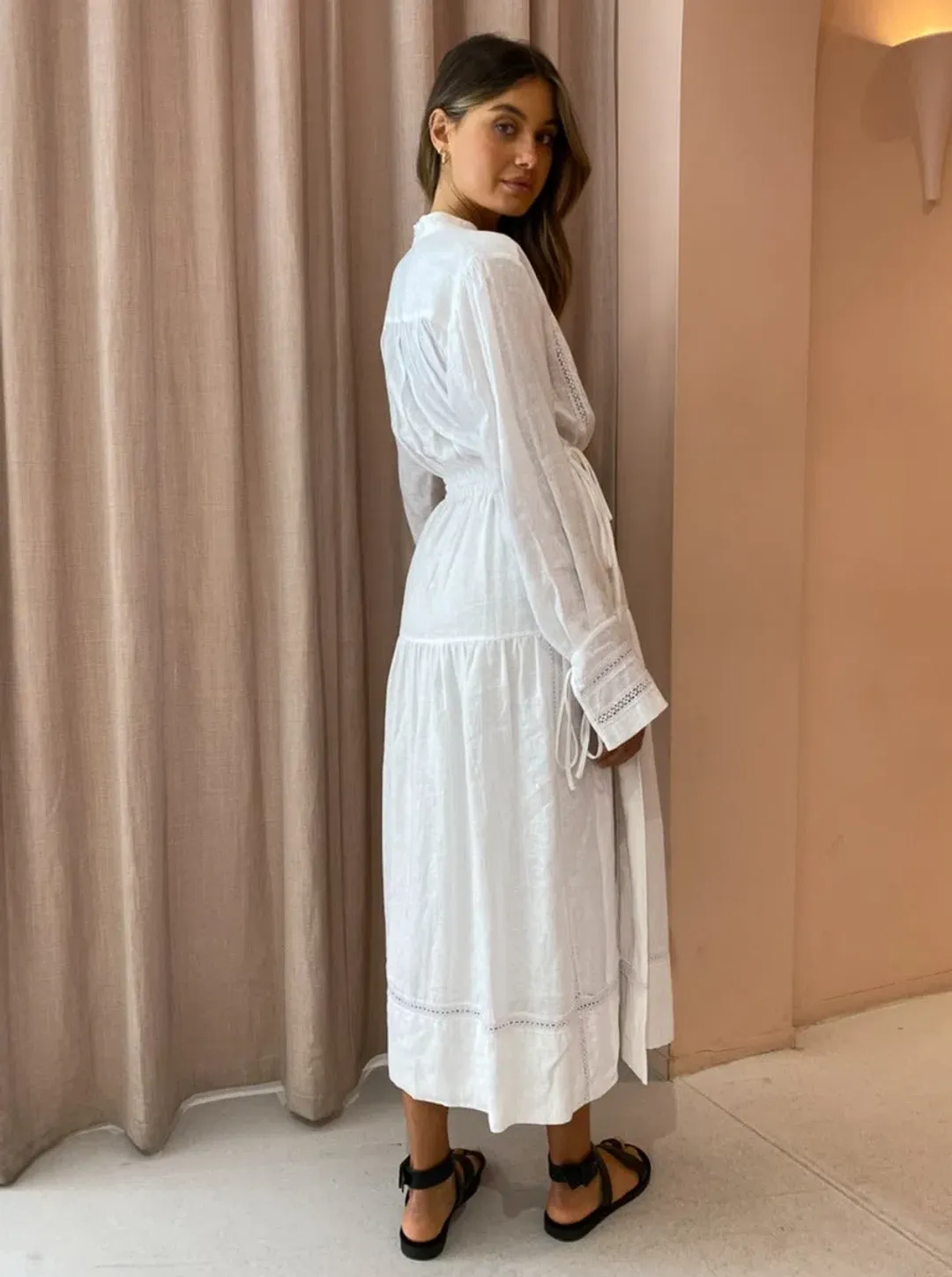 Shona Joy Adriana Linen Long Sleeve Midi Dress in Rice White Size 10 for rent on The Volte - main image