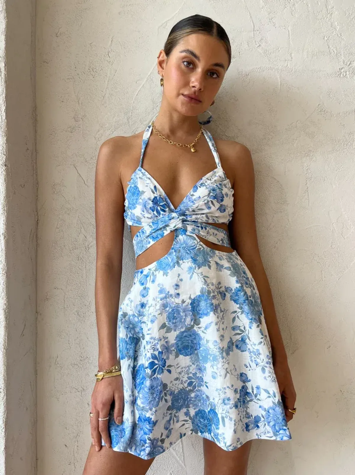 Sofia Moda Cut Out Mini Dress In Sky Blue Floral Size S/Au 8 - Image 2
