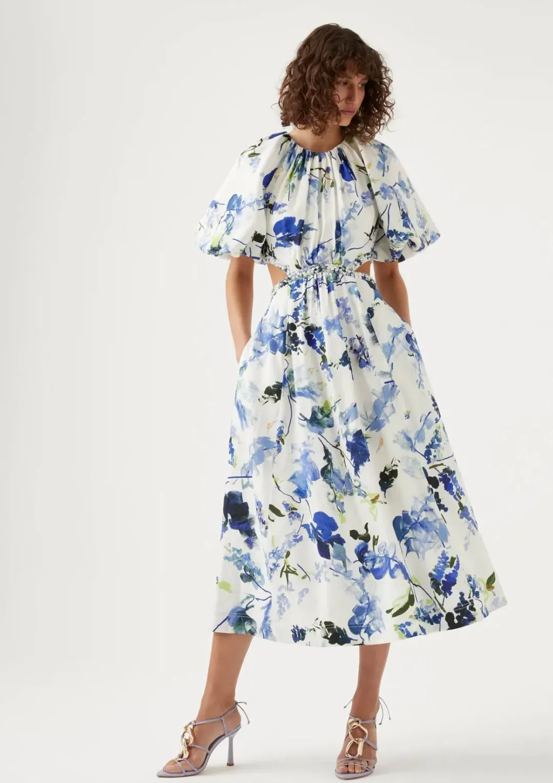 Aje Capucine Puff Sleeve Midi Dress Blue Floral Size 10 for rent on The Volte - main image