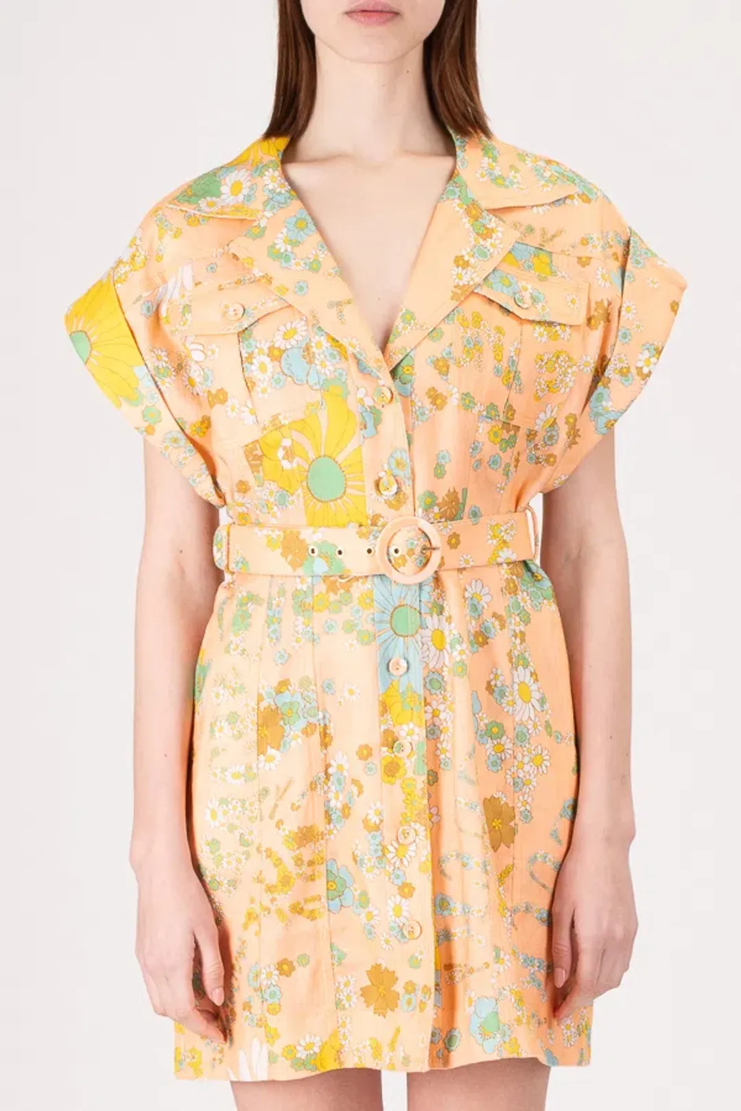 Zimmermann Lola Roll Cuff Mini Dress Peach Floral Size 1 / Au 10 for rent on The Volte - main image