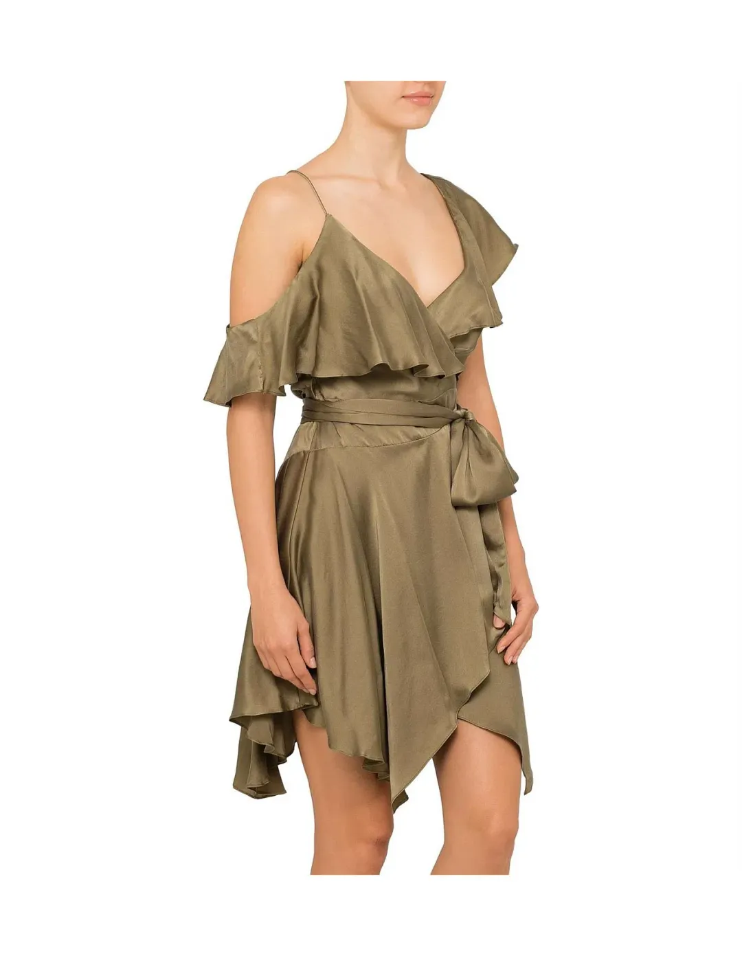 Zimmermann Sueded Asymmetrical Wrap Mini Dress Khaki Size 8 for rent on The Volte - main image