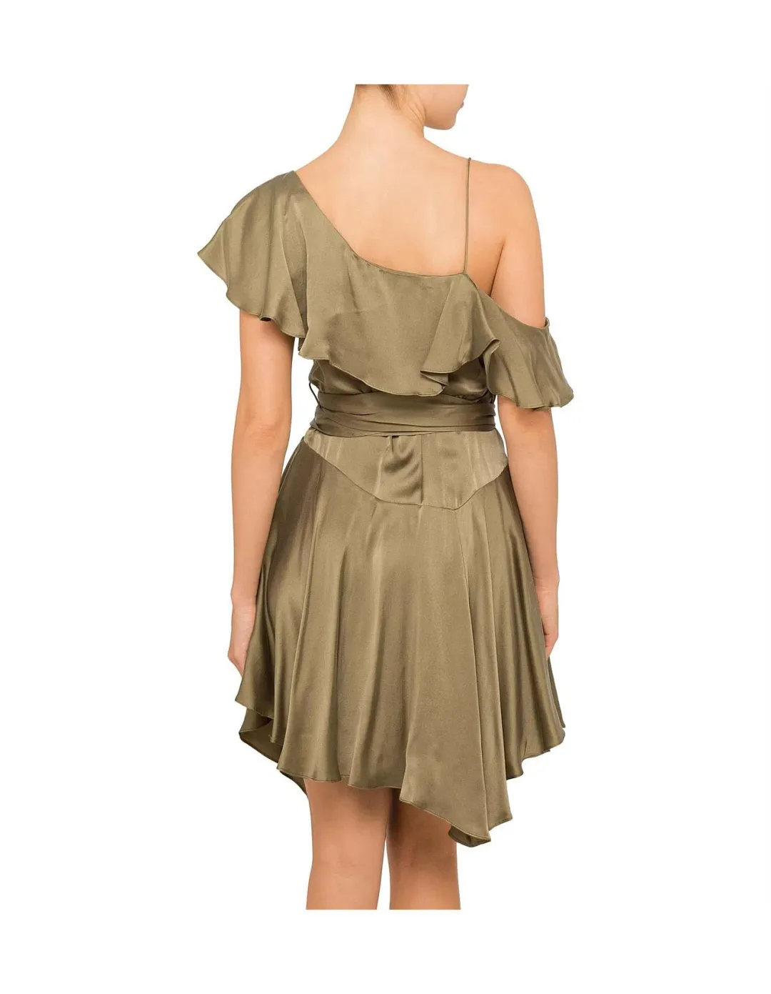 Zimmermann Sueded Asymmetrical Wrap Mini Dress Khaki Size 8 for rent on The Volte - main image