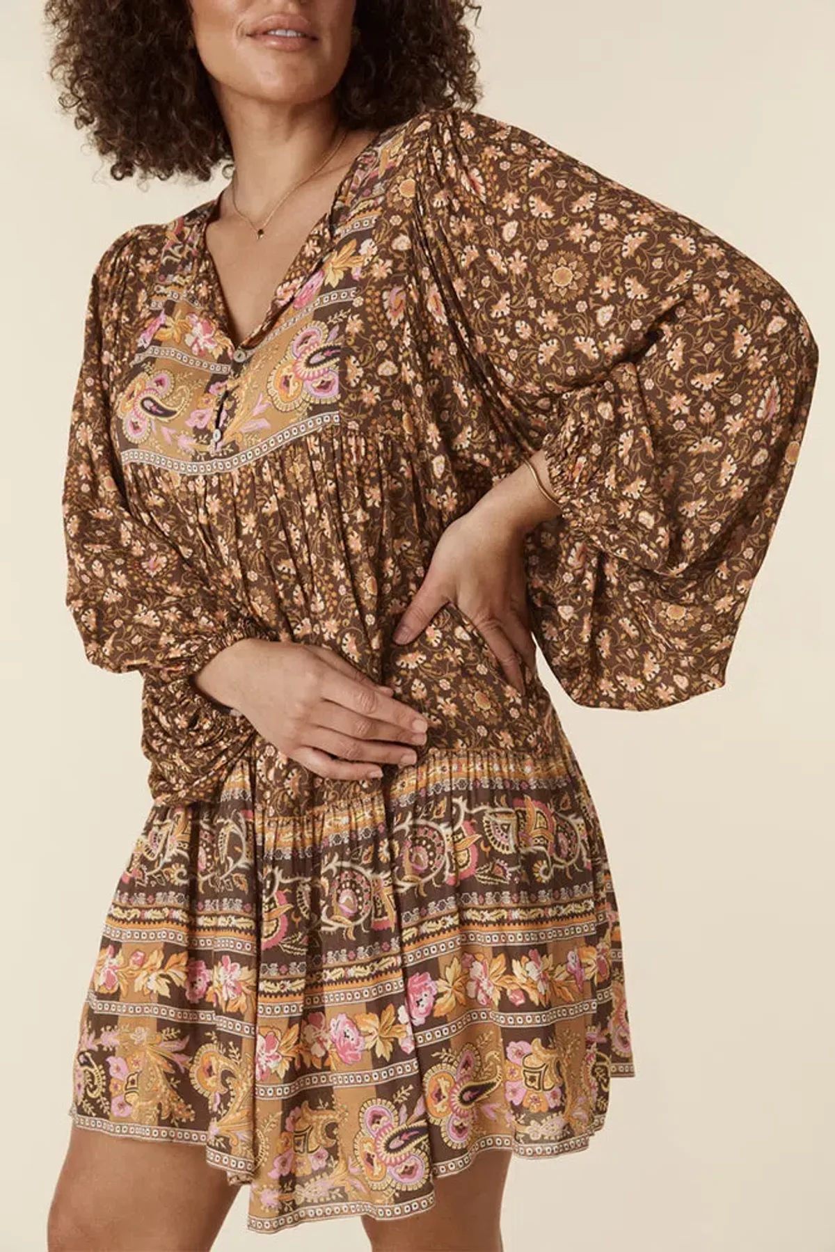 Spell Madame Peacock Boho Mini Dress Coffee Size 8 - Image 2