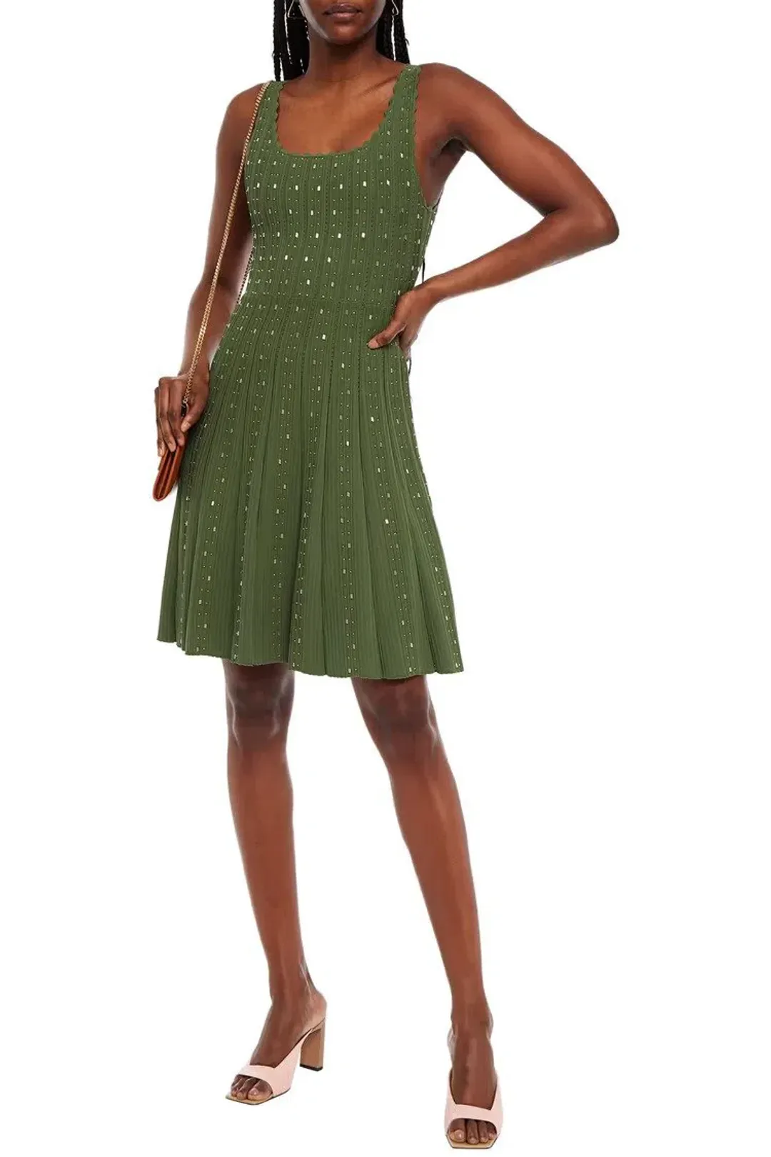 Sandro Paris Avah Scalloped Embellished Ribbed-knit Mini Dress Army Green Size S/AU 10 for rent on The Volte - main image