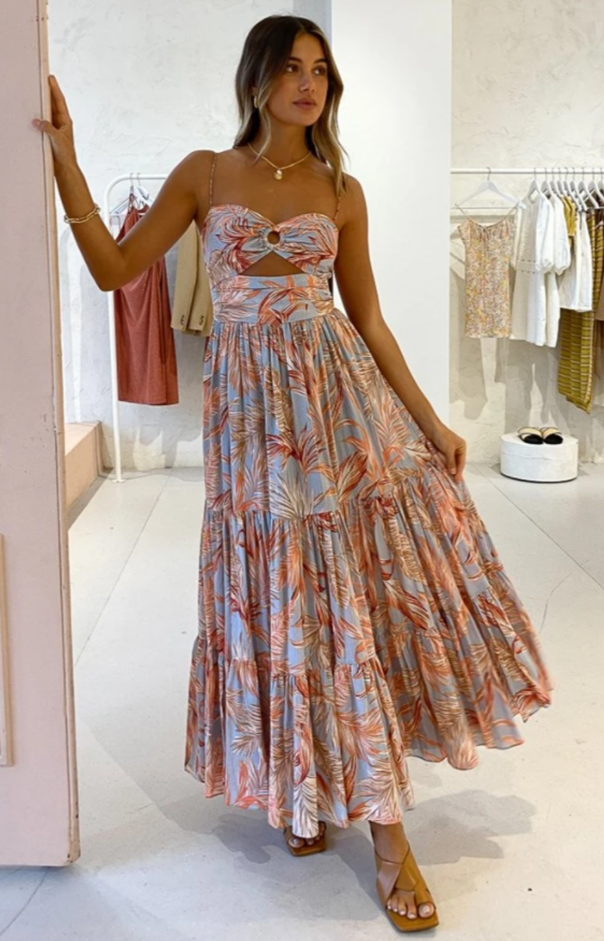Bec & Bridge Miami Palm Tier Midi Dress Print Size 8 - Image 4