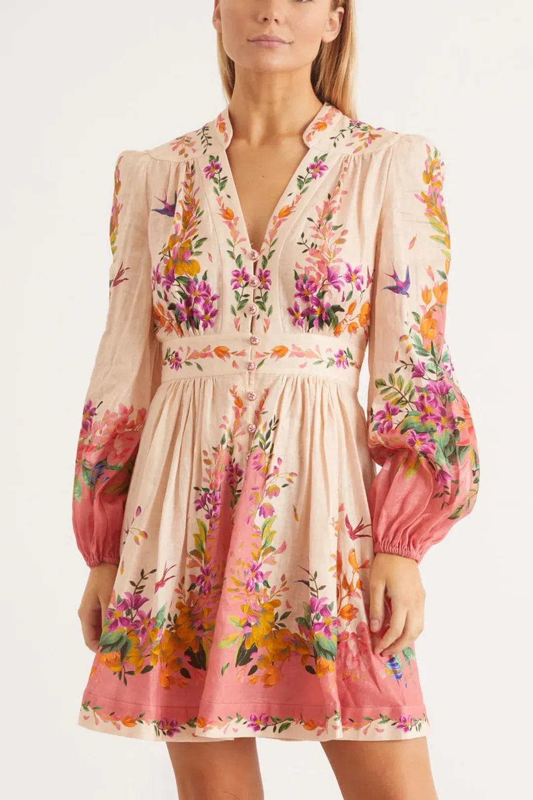 Zimmermann Tropicana Plunge Mini Dress in Cream Floral Size 4/Au 16 for rent on The Volte - main image