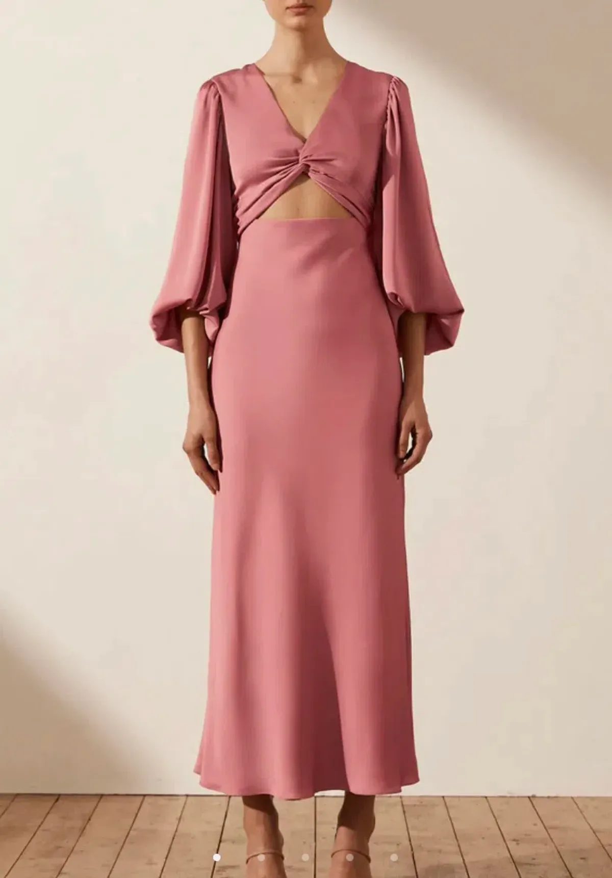 Shona Joy Luxe Twist Front Balloon Sleeve Midi Dress Dusty Pink Size 14 - Image 1