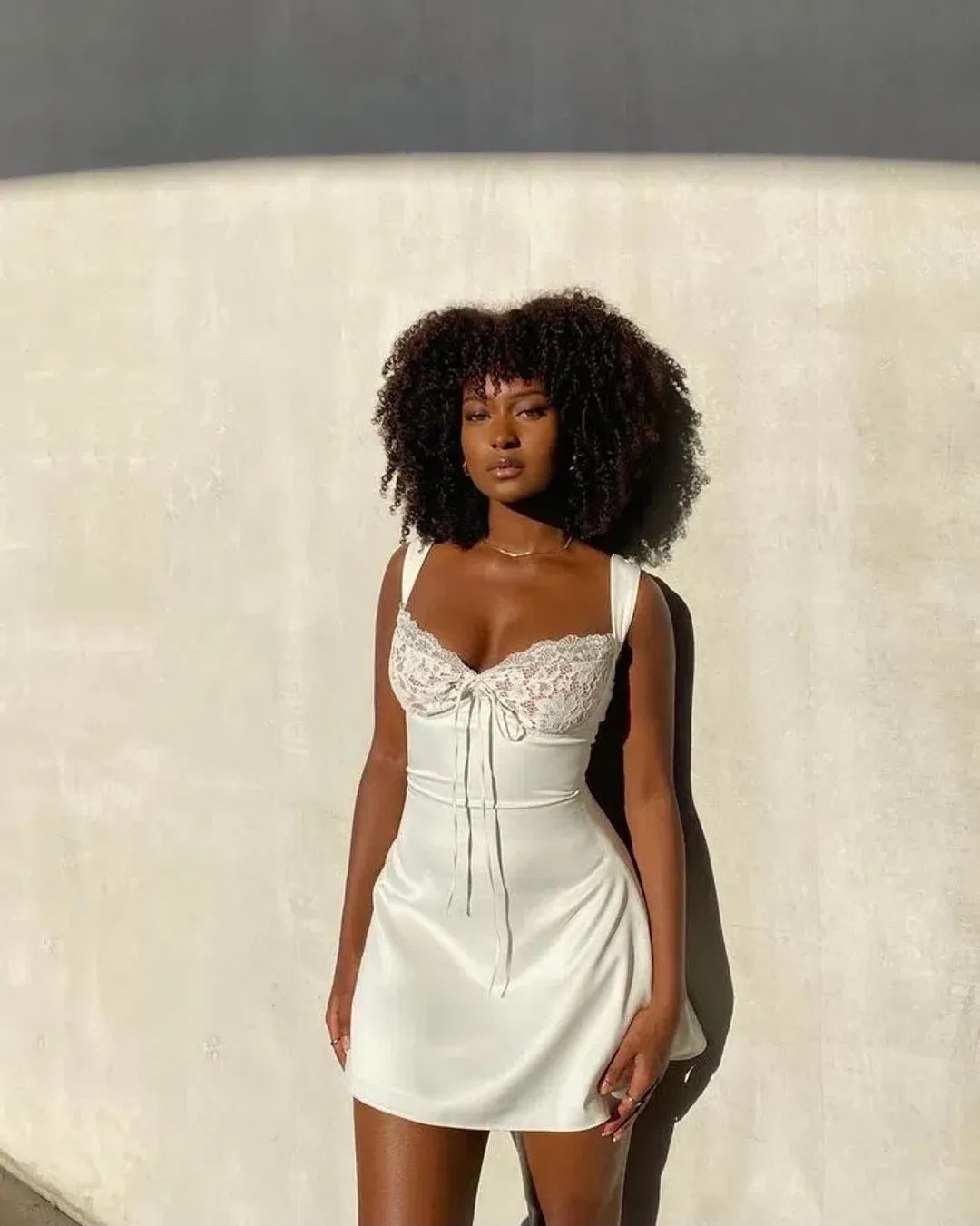 House of CB Adriana Satin and Lace Mini Dress White Size 10 for rent on The Volte - main image