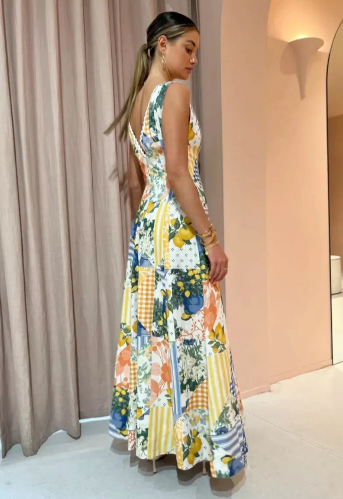 By Nicola - Wavy Maxi Dress In Lemon Patchwork - Size 10 - Image 4