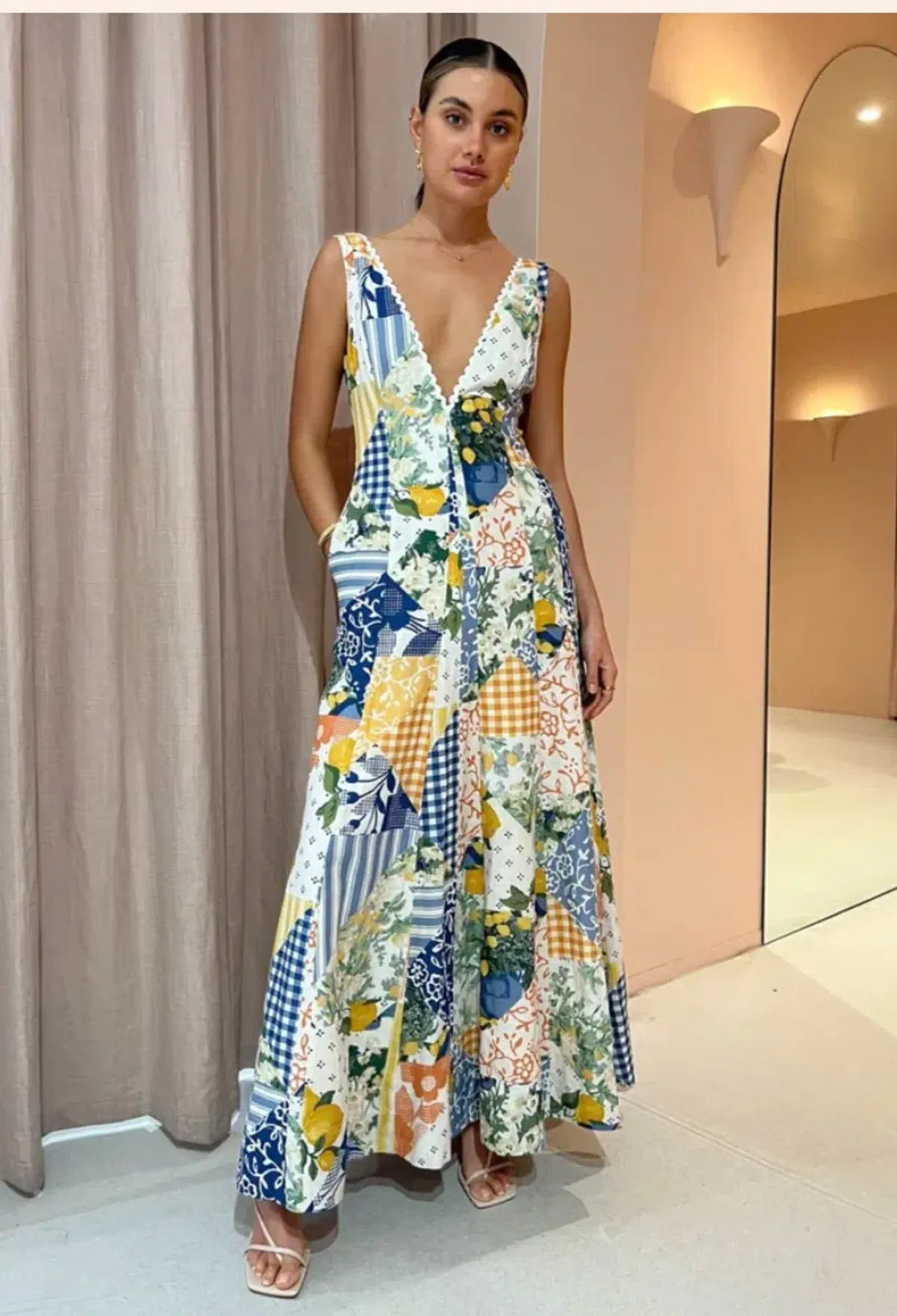By Nicola - Wavy Maxi Dress In Lemon Patchwork - Size 10 - Image 3