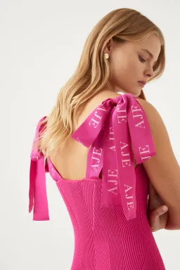 Aje Amber Knit Tie Shoulder Mini Dress in Fuchsia Size 8 / S for rent on The Volte - image 4