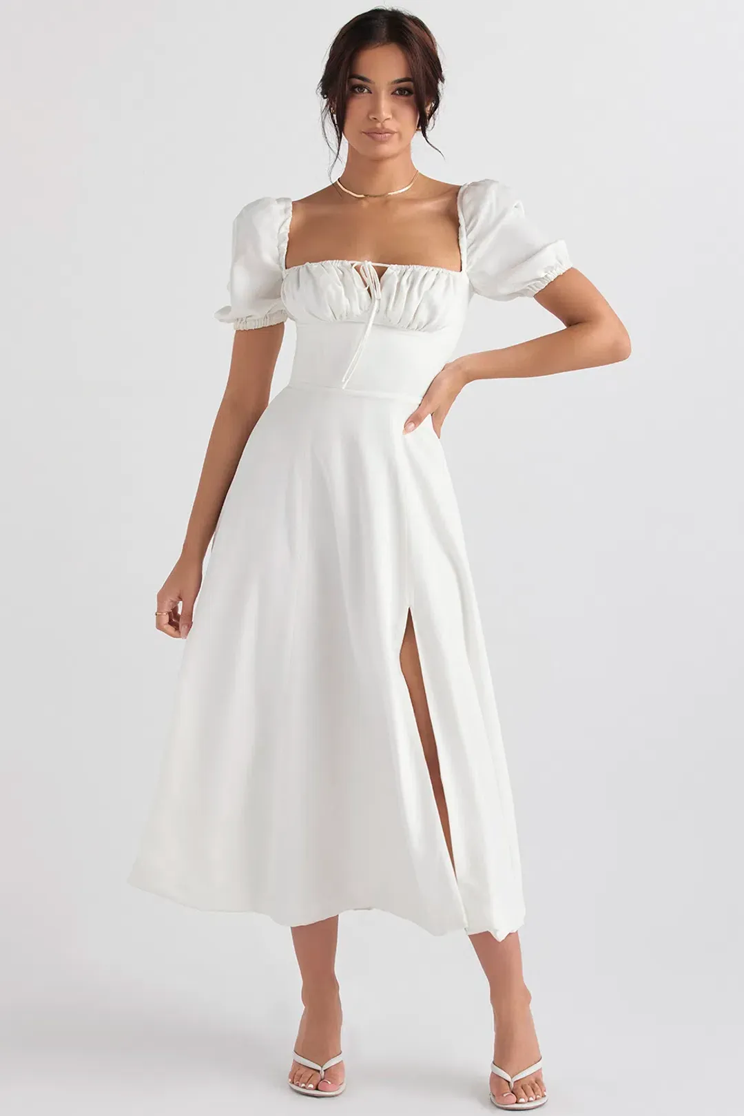 House of CB Tallulah Puff Sleeve Midi Sundress White Size 10 for rent on The Volte - main image