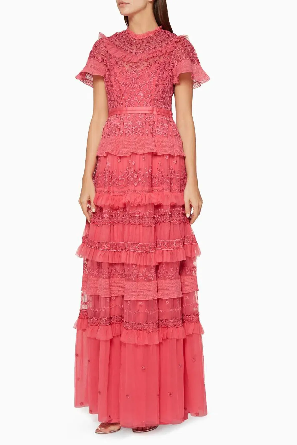 Needle and Thread Iris Ruffled Embroidered Tulle Gown Pink Size 10 for rent on The Volte - main image