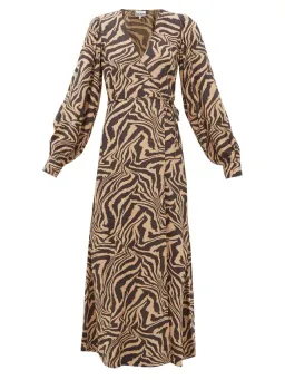 Ganni Zebra Crepe Wrap Dress Brown Print Size 10 for rent on The Volte - image 2