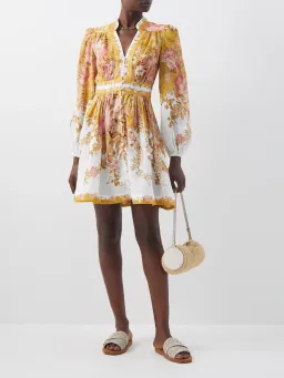 Zimmermann Pattie Plunge Mini Dress Mustard Floral Sz 3/14 for rent on The Volte - image 2