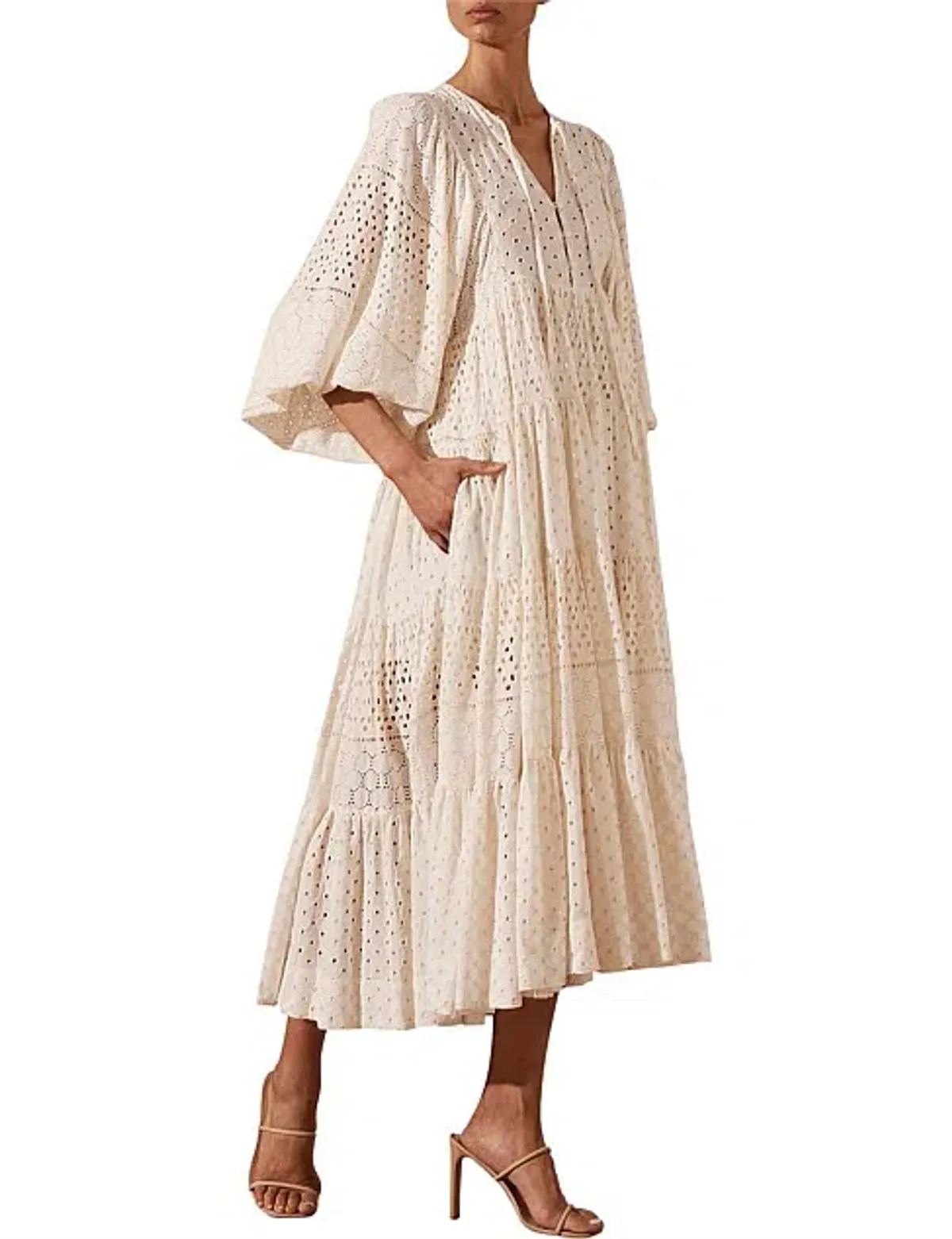 Shona Joy Vivienne Balloon Sleeve Tiered Midi Dress Ivory Size 14 - Image 5