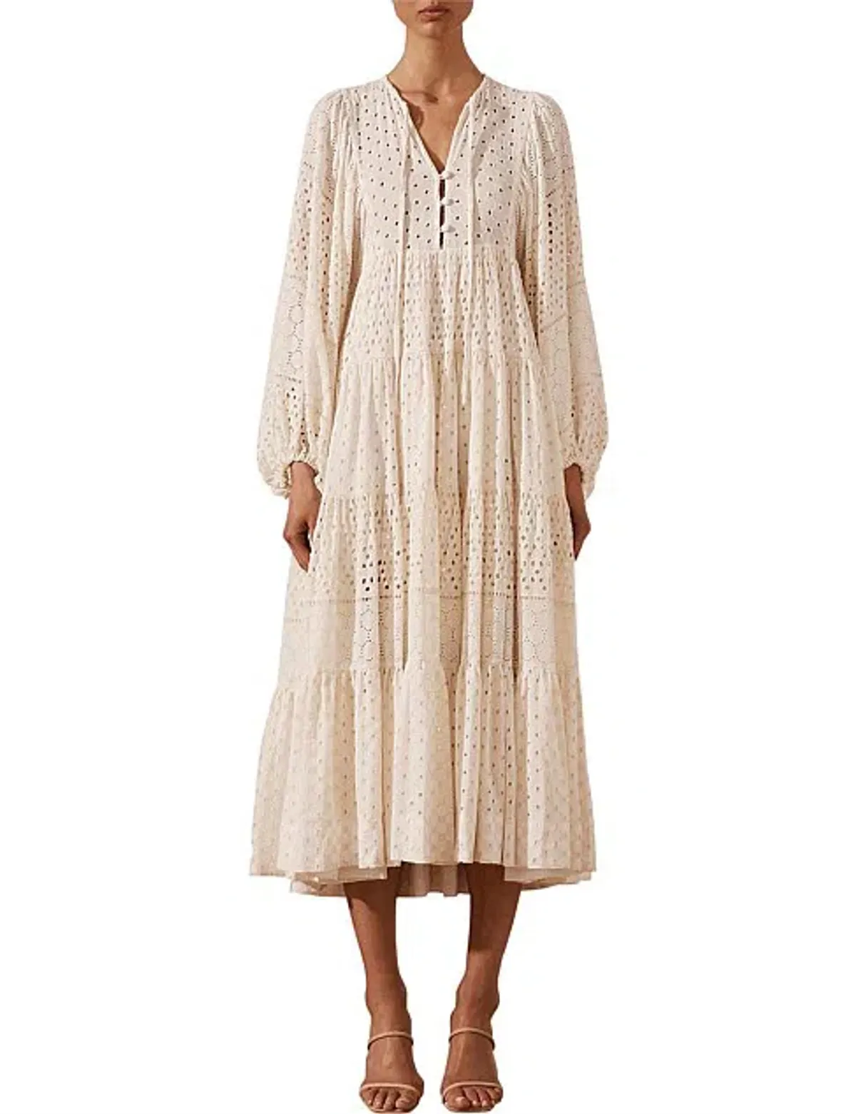 Shona Joy Vivienne Balloon Sleeve Tiered Midi Dress Ivory Size 14 - Image 3