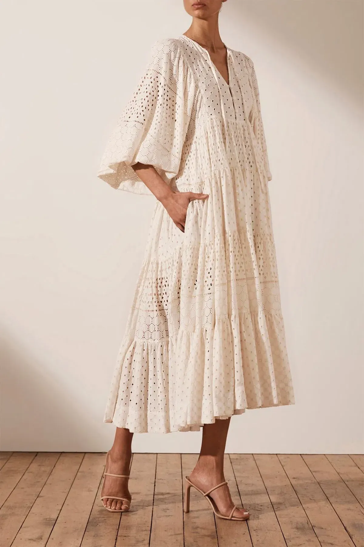 Shona Joy Vivienne Balloon Sleeve Tiered Midi Dress Ivory Size 14 - Image 2