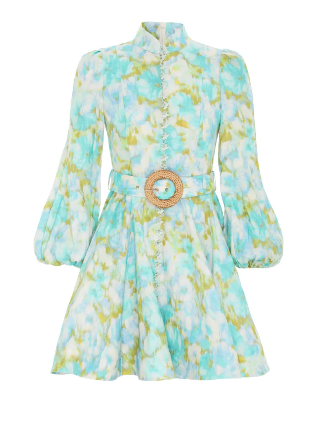 Zimmermann High Tide Buttoned Mini Dress in Aqua Ikat Floral Size 2 / Au 12 for rent on The Volte - main image