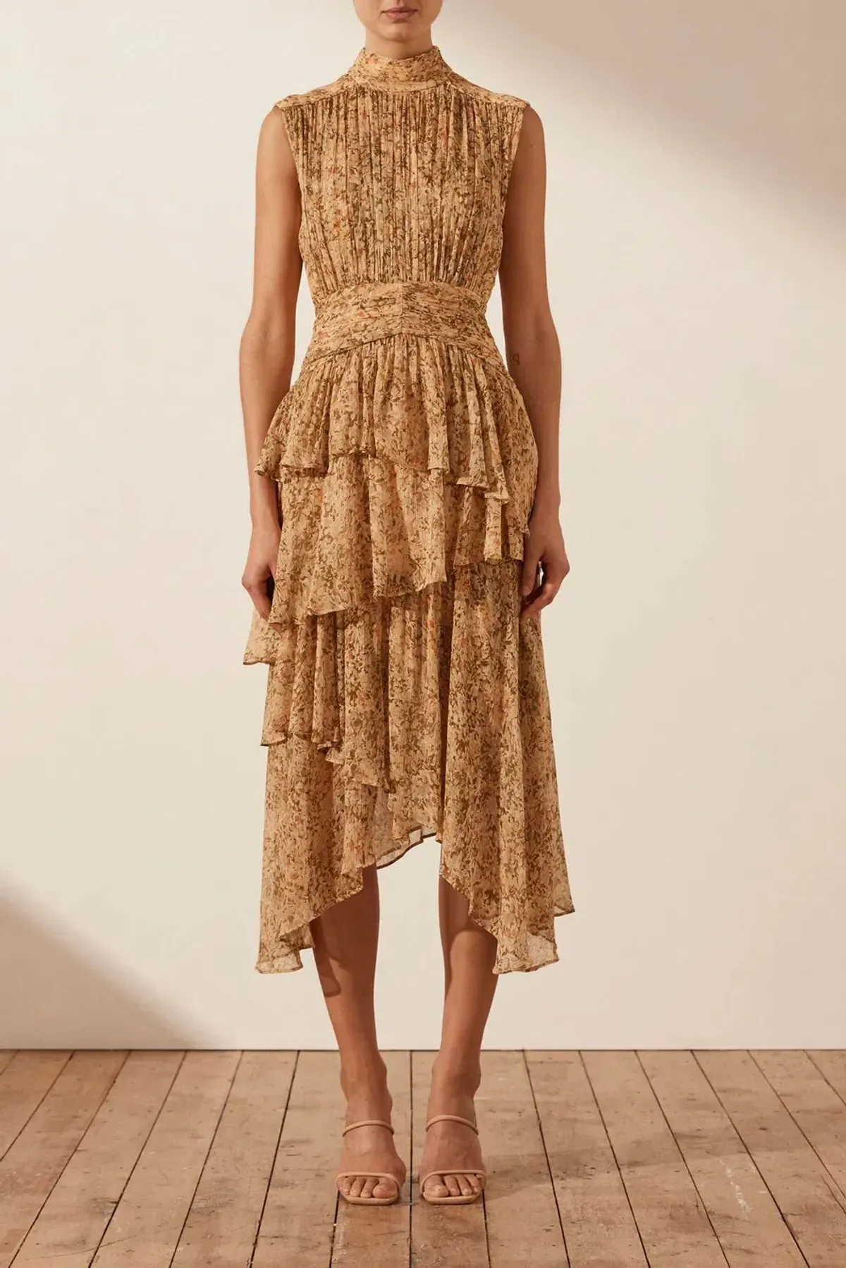 Shona Joy Louise Sleeveless Ruched Midi Dress Print Size 12 - Image 1