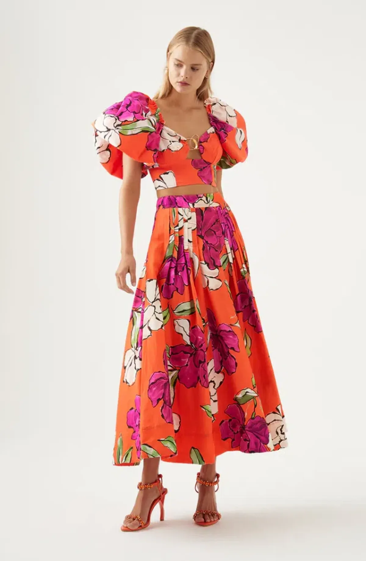 Aje Marcel Puff Sleeve Bodice and Lewis Skirt Set Vivid Camellia Size 12 for rent on The Volte - main image