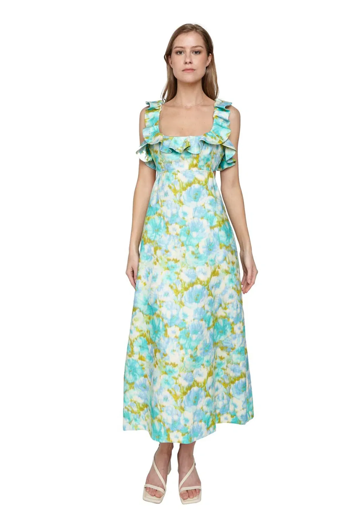 Zimmermann The High Tide Frilled Midi in Aqua Ikat Floral Size 12 - Image 1