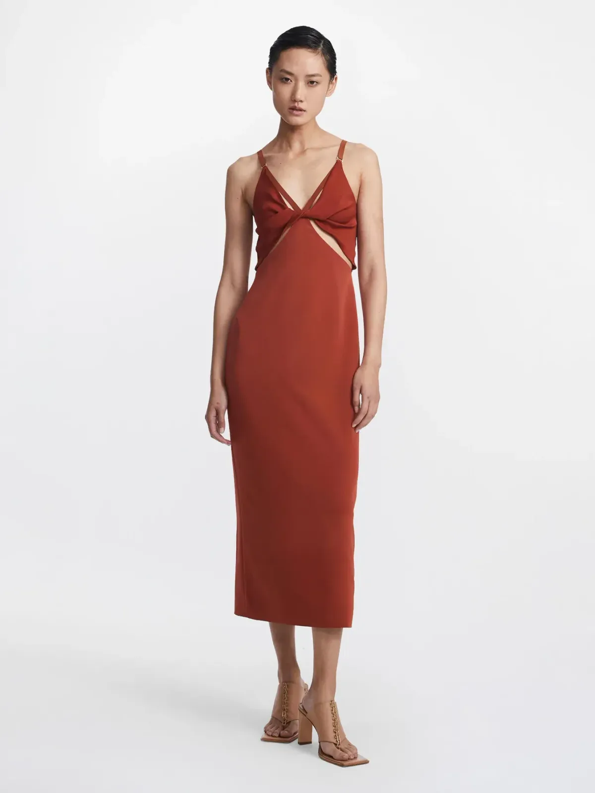 Dion Lee Split Twist Split Dress in Rust Brown Size 6 for rent on The Volte - main image