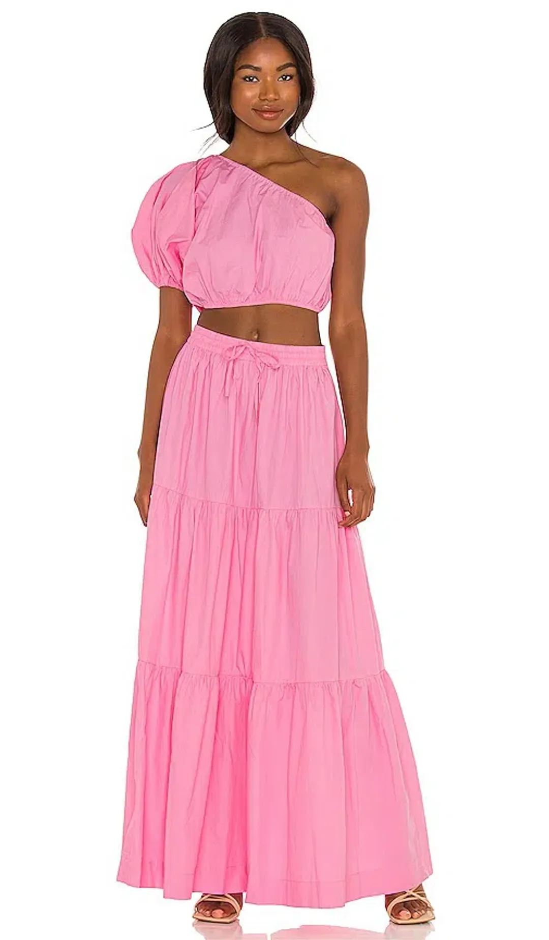 SWF One Shoulder Puff Sleeve Crop and Drawstring A-Line Tiered Maxi Skirt Set in Floss Pink Size 10 for rent on The Volte - main image